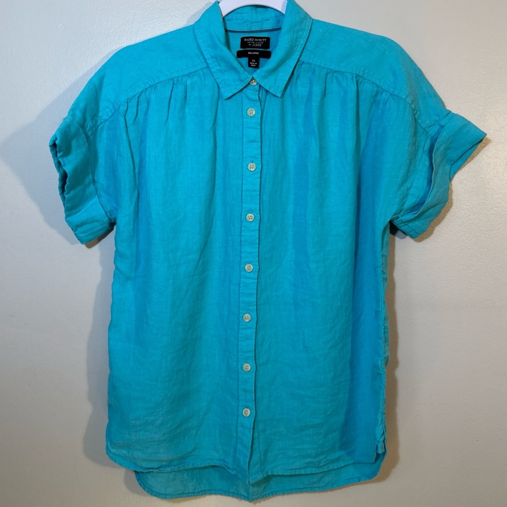 J CREW Relaxed Fit Baird McNutt Irish Linen Short Sleeve Shirt Sz XS Blue AY665